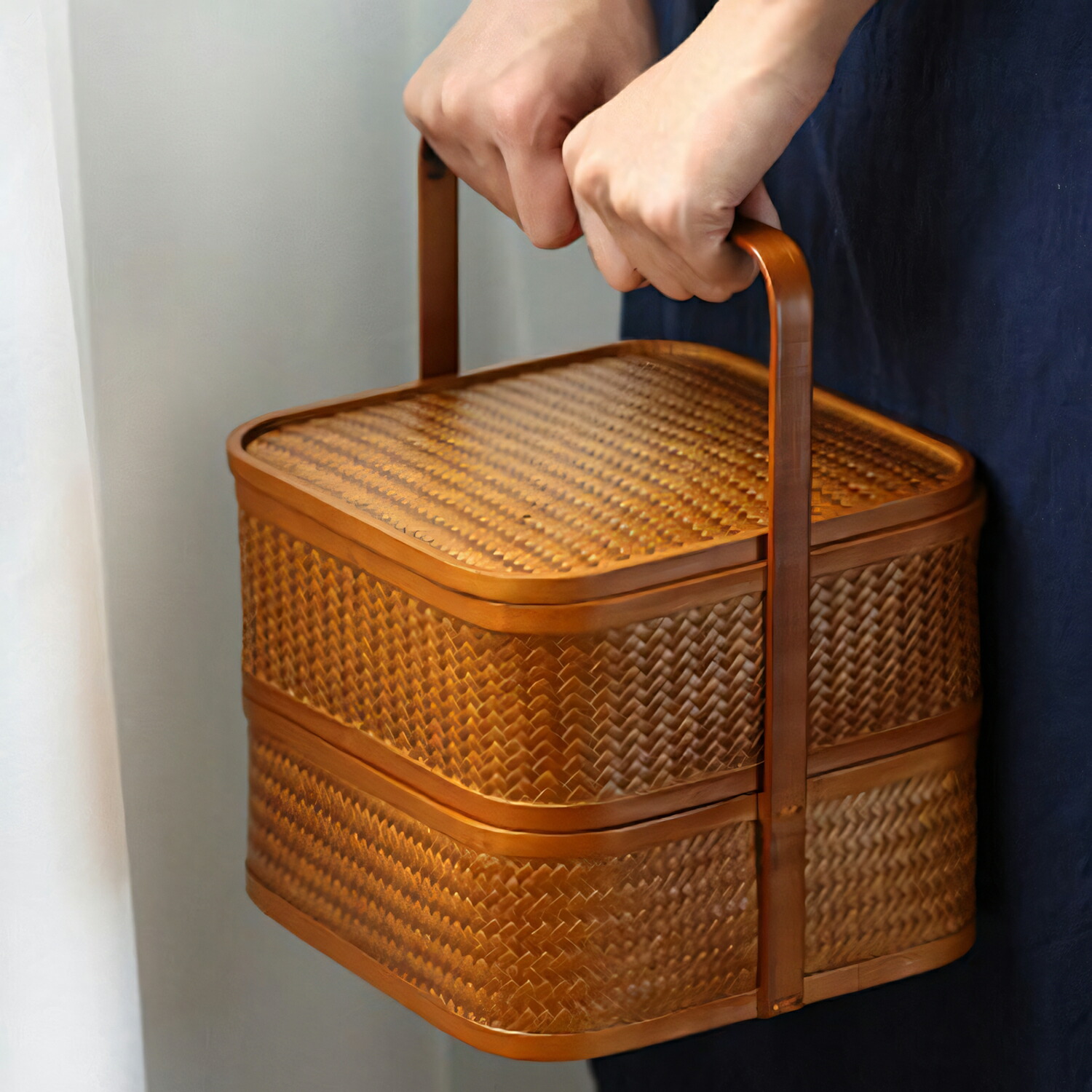 楽天市場】自然素材にこだわった かご 竹 かご ハンドル付き 二段 重箱