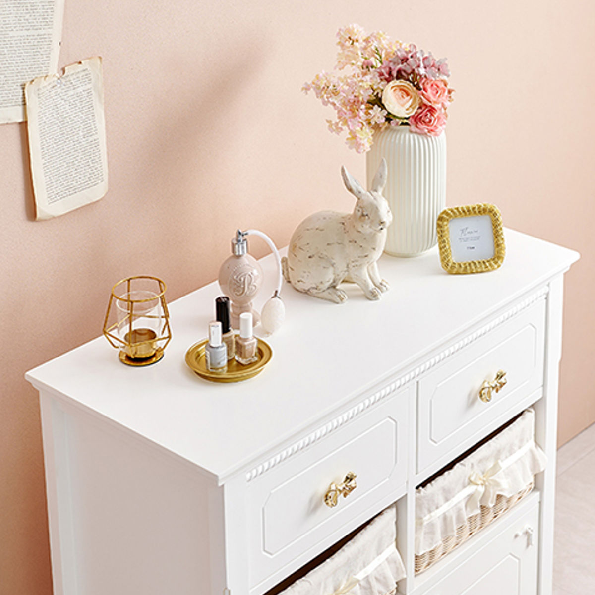 楽天市場】キャビネット バスケット付 姫系 白家具 リボン引手 幅78cm