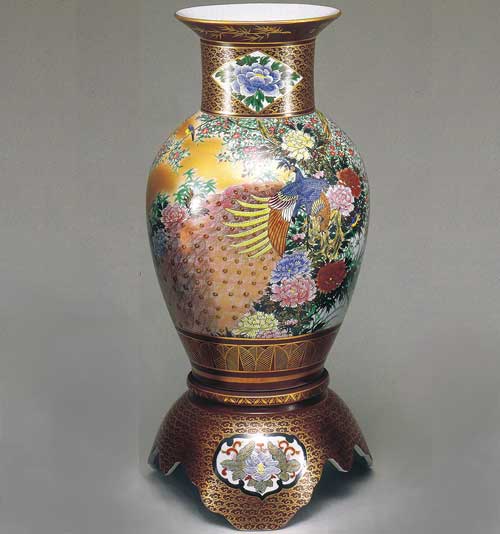 楽天市場】九谷焼 陶台付22号花瓶 本金牡丹孔雀 花器 華器 飾花瓶 陶器