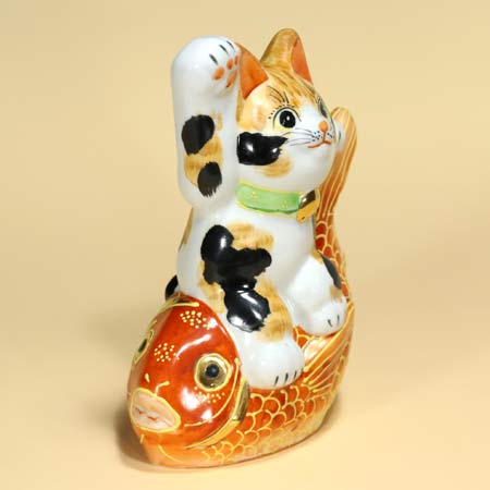 招き猫 九谷焼手書きお願い三毛猫5.2号高さ16cm 招き猫 九谷焼手書き