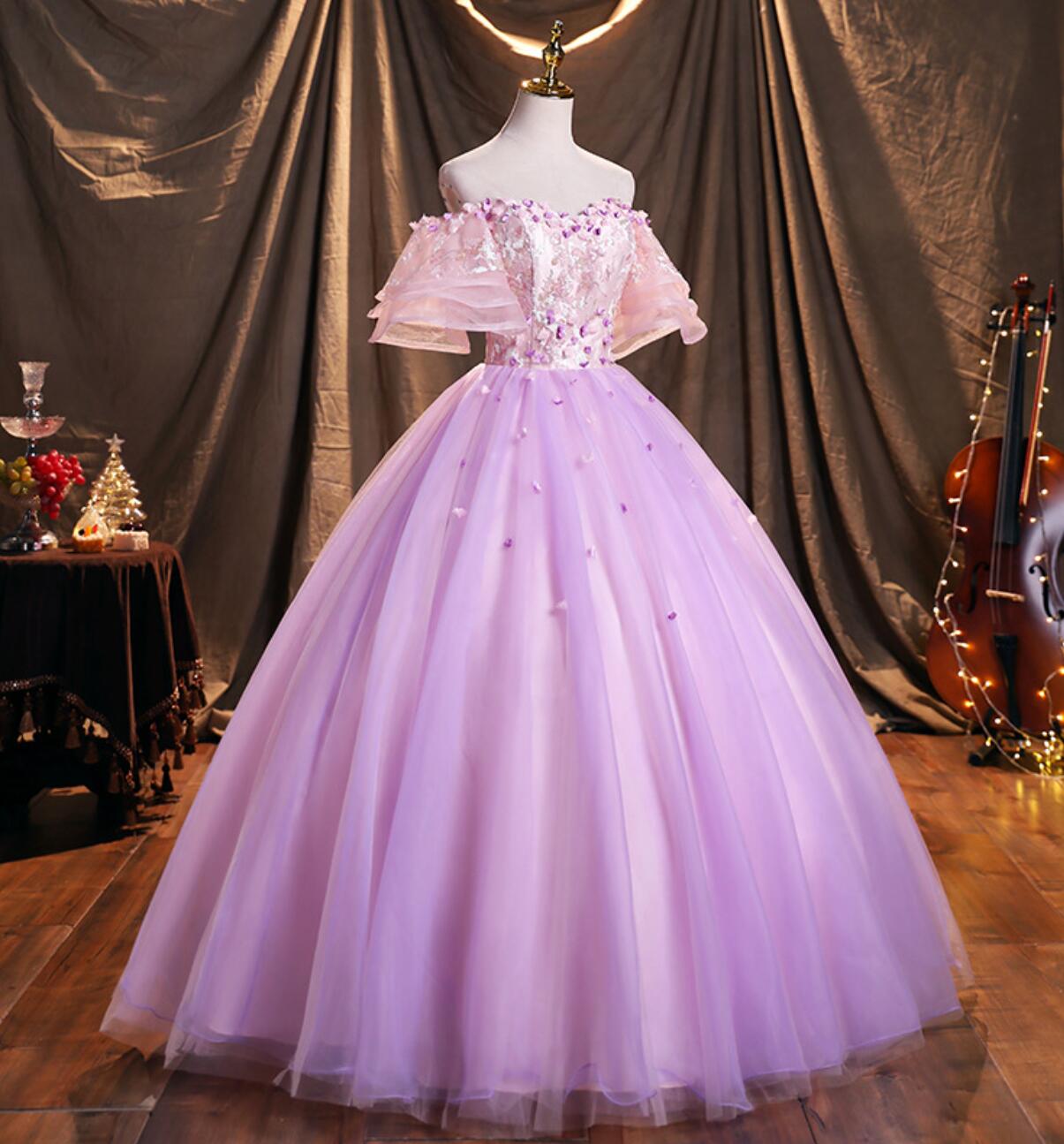 紫色フラワー刺繍Aラインドレス