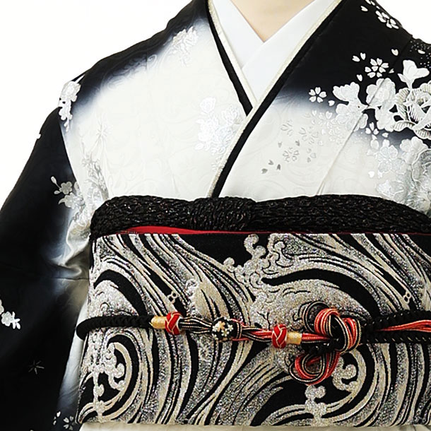 黒ラメ地牡丹や菊の上品な銀彩加工の振袖フルセット