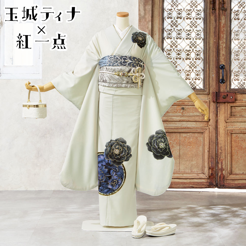 振袖フルセット 正絹 9点 白 伝統祝い花 尾長鶏 シックカッコイイ