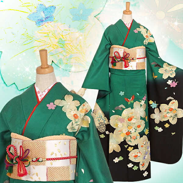 楽天市場】【振袖 レンタル】 結婚式 結納R665 正絹 緑 桜と春秋花