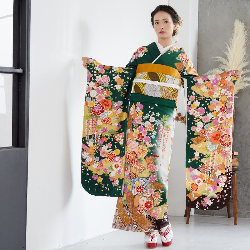楽天市場】【成人式 振袖 レンタル】RS1533 正絹 深緑 豪華古典熨斗桜