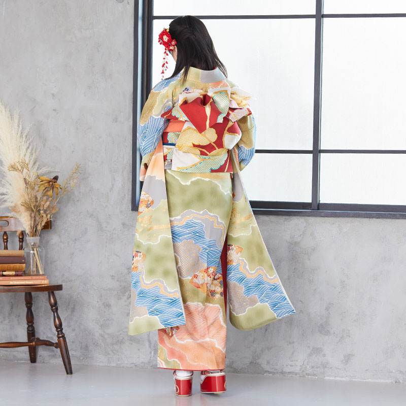 楽天市場】【成人式 振袖 レンタル】RS1666 正絹 緑 扇面草花文様フル