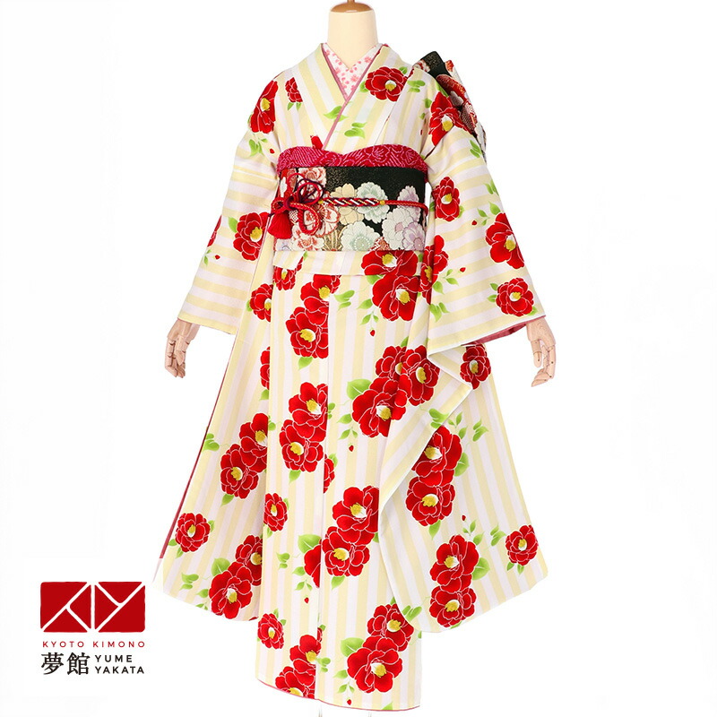 楽天市場】【成人式 振袖 レンタル】RS1616白×黄色 縦縞 紅椿フル