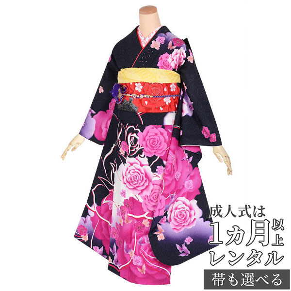 楽天市場】【成人式 振袖 レンタル】RS1633 正絹 黒 薔薇と蝶々フル