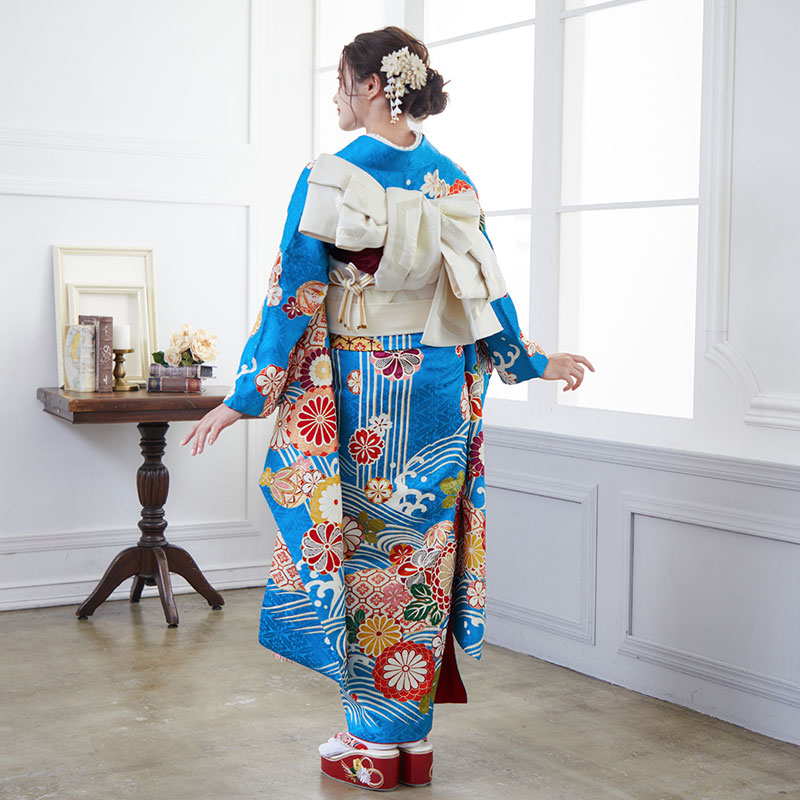 楽天市場】【成人式 振袖 レンタル】RS1754 正絹 青 波に雲取り菊（絹