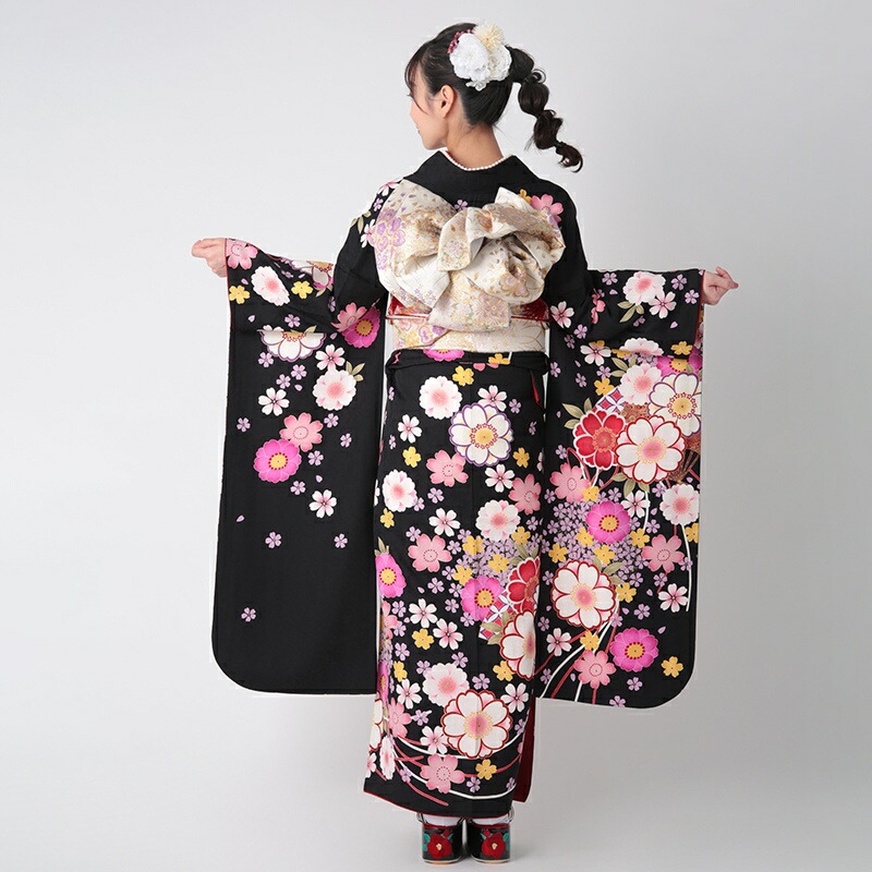 楽天市場】【成人式 振袖 レンタル】RS1792 正絹 黒 扇桜（絹）フル