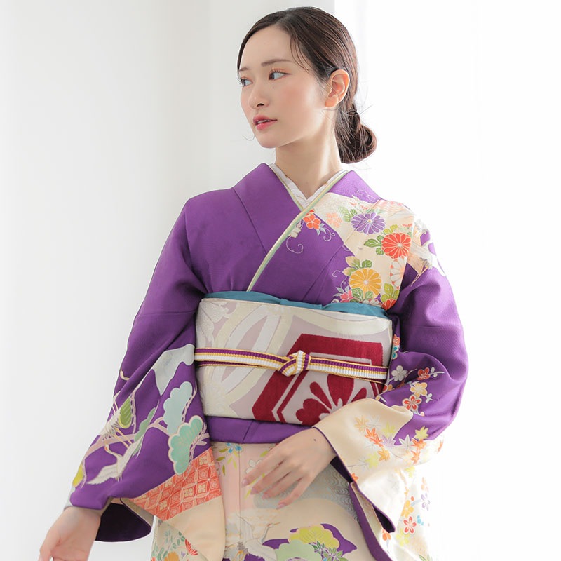 楽天市場】【成人式 振袖 レンタル】RS1738 正絹 紫 花に飛鶴と扇（絹