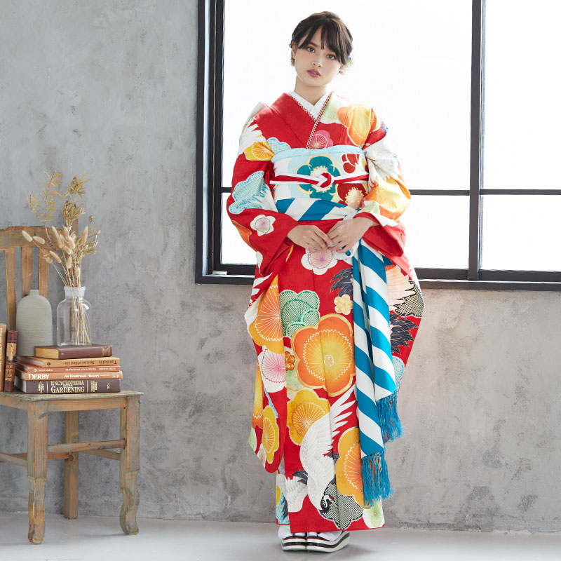 楽天市場】【成人式 振袖 レンタル】RS1806 正絹 赤 梅と飛び鶴フル