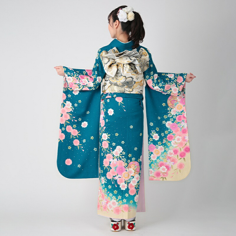 8/17迄 白地のクールな青緑色の梅の振袖フルセット 8/