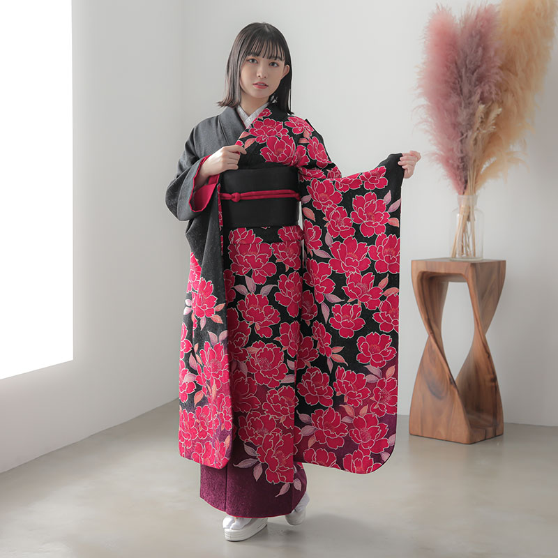 楽天市場】【振袖 レンタル】 結婚式 結納R1164 正絹 黒 紅桜花 振袖