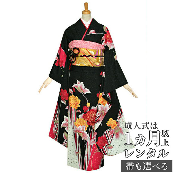 楽天市場】【成人式 振袖 レンタル】RS1163 正絹 黒 牡丹にドット柄