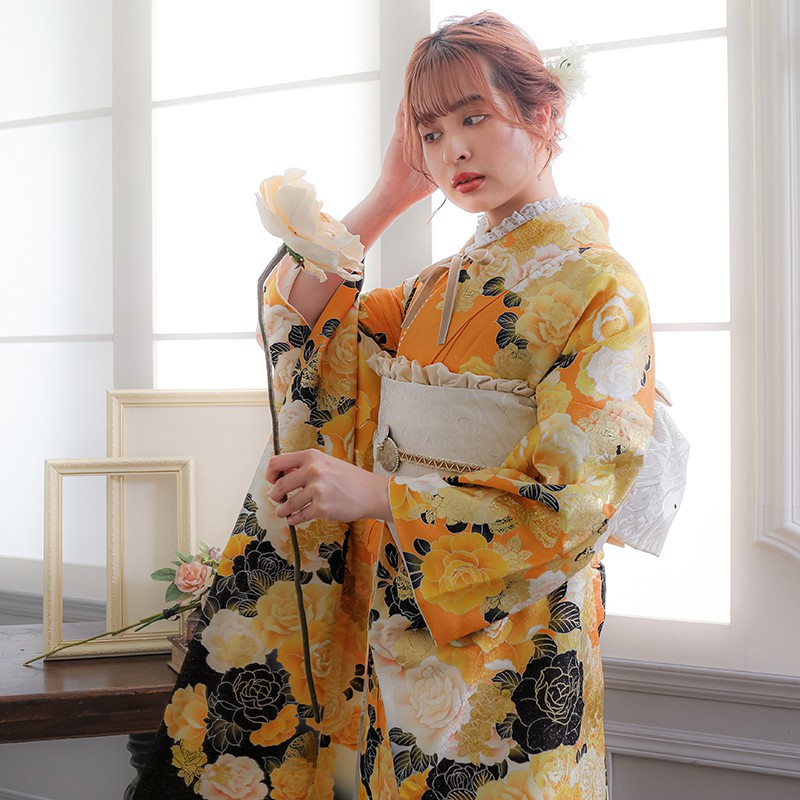 楽天市場】【成人式 振袖 レンタル】RS1186 正絹 黄 薔薇フルセット