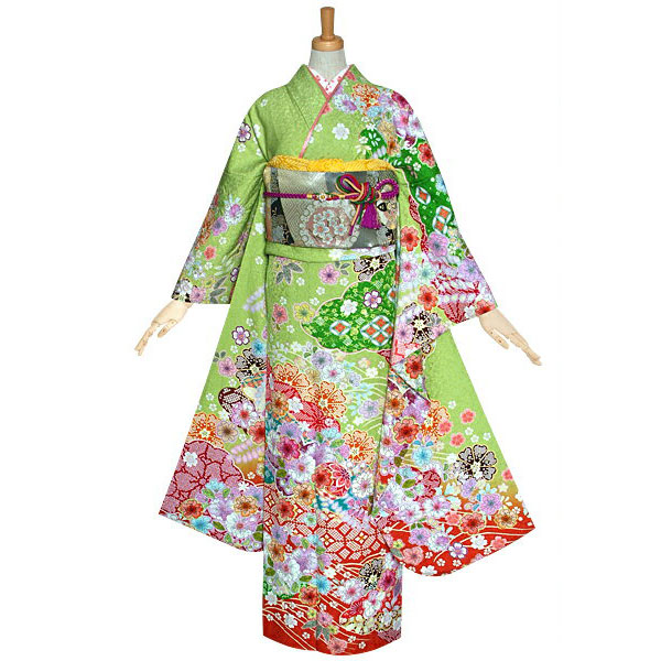 楽天市場】【成人式 振袖 レンタル】RS1127 正絹 黄緑 雲取桜に辻が花