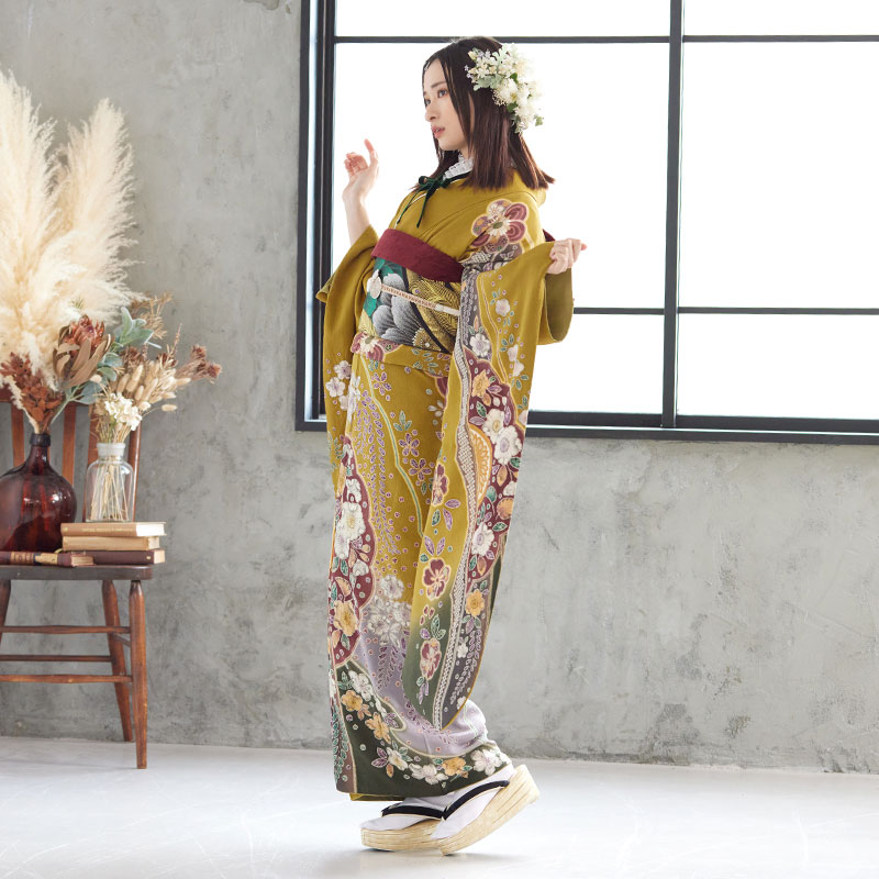 楽天市場】【成人式 振袖 レンタル】RS1347 正絹 黄土 古典辻が花フル