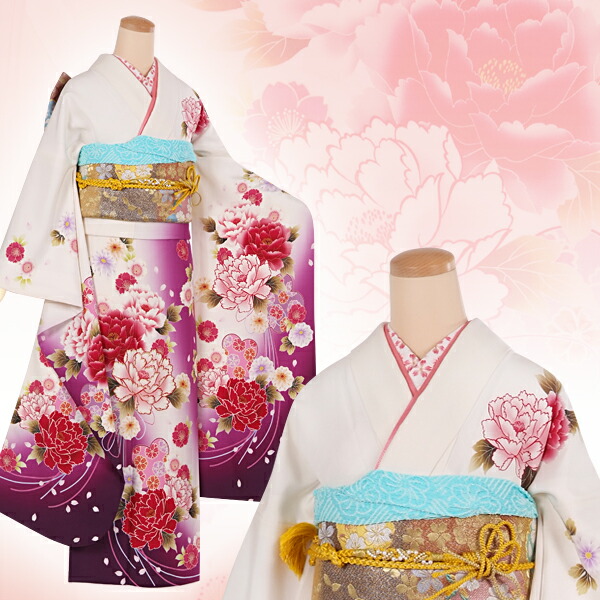 生成り 上品な牡丹と菊の振袖フルセット 生成り 上品な牡丹と菊の振袖