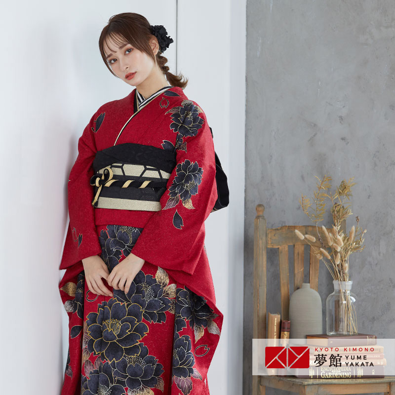 楽天市場】【成人式 振袖 レンタル】RS1328 正絹 赤 黒牡丹フルセット