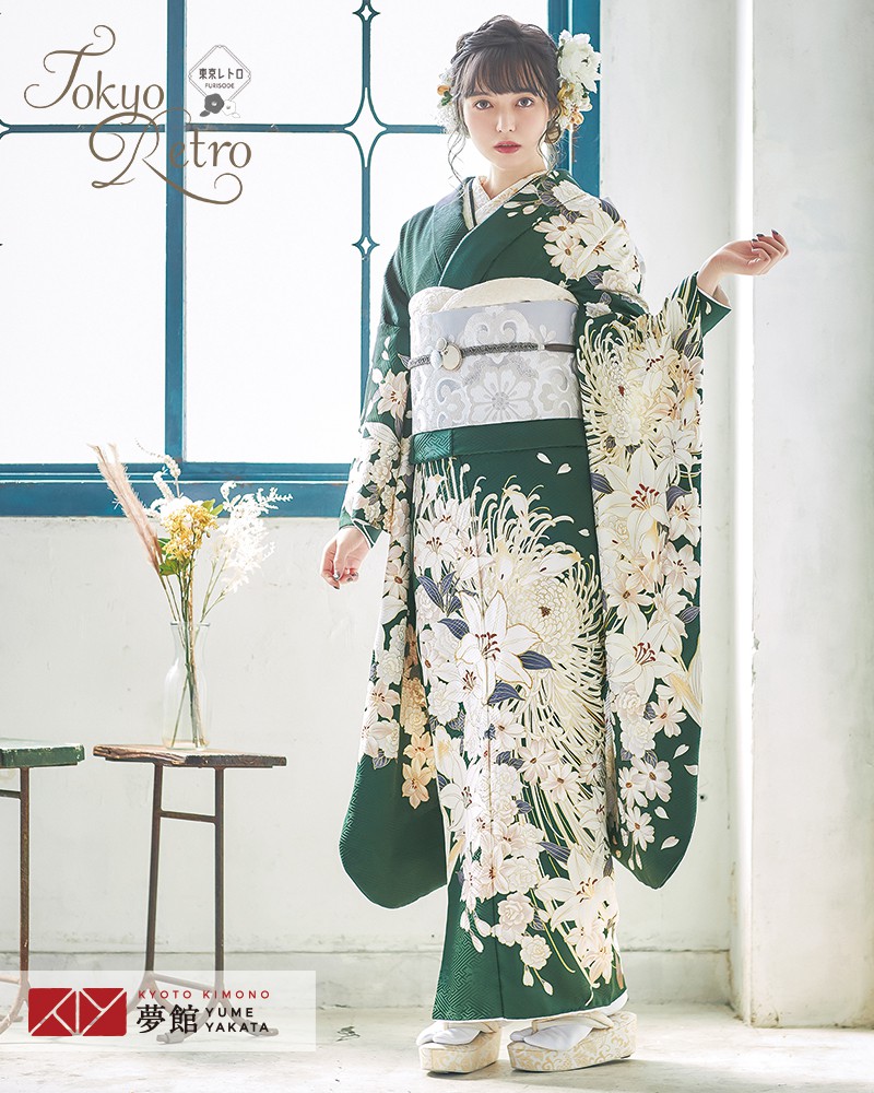 楽天市場】【振袖 レンタル】 結婚式 結納R2039 正絹 深緑 百合に乱菊
