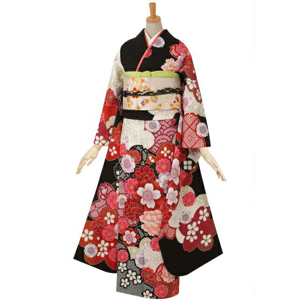 楽天市場】【成人式 振袖 レンタル】RS381 正絹 黒 絞り柄に牡丹と