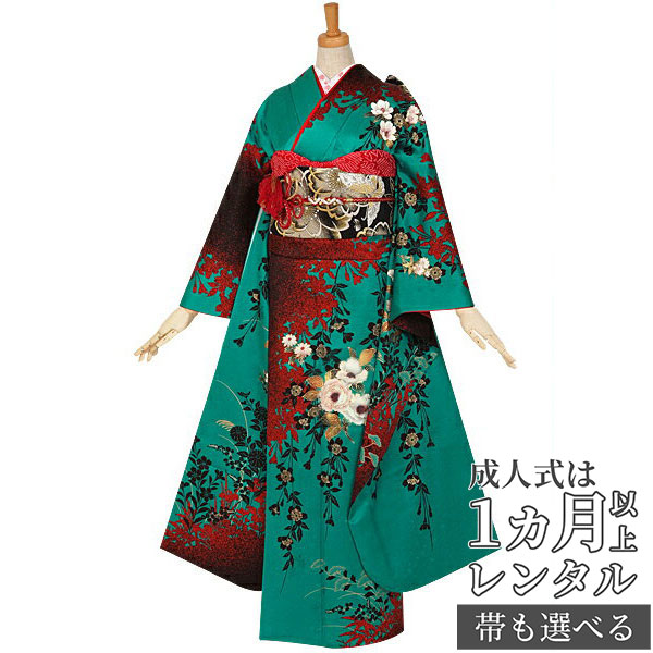 楽天市場】【成人式 振袖 レンタル】RS765 正絹 緑 四季草花フルセット