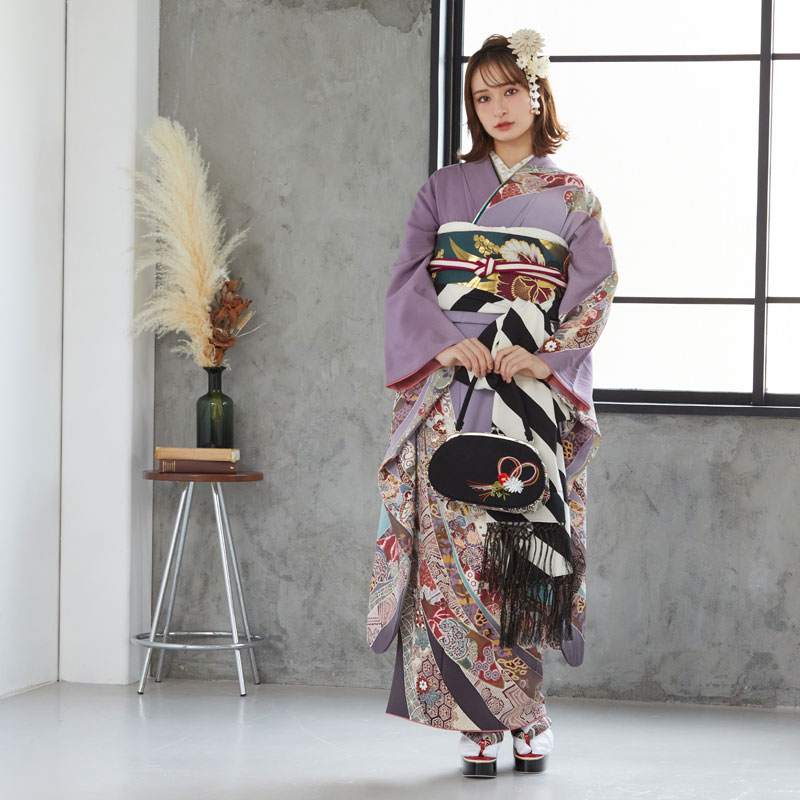 K0818 美品 正絹 振袖 レンタル店放出品 ガード加工 熨斗柄 紫 9号