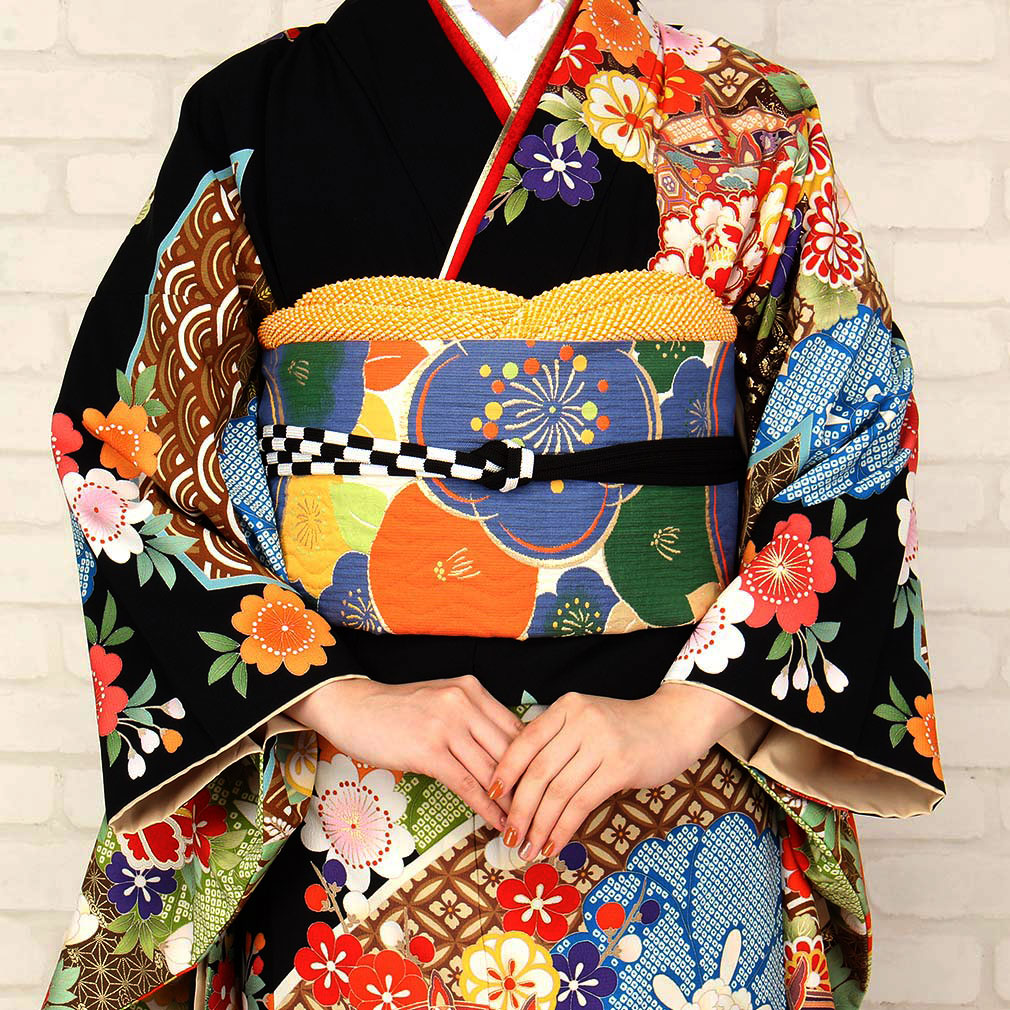 振袖フルセット、正絹絞り成人式、重ね衿帯揚げ帯締め、京うるし箔袋帯