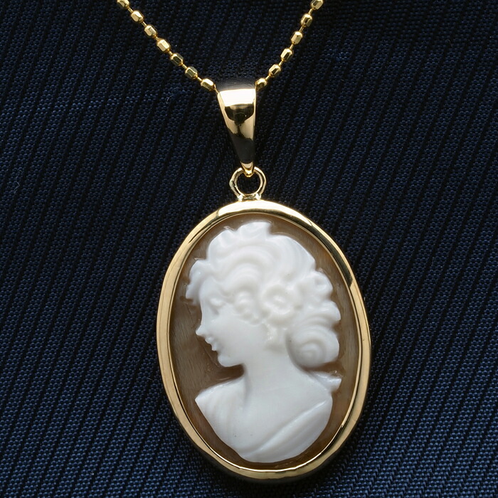 18金 大きい三層 シェルカメオ K18YG ジュエリーペンダント兼ブローチ