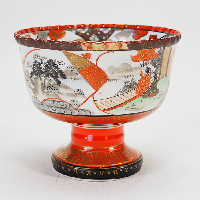 古道具庵々◎明治期 九谷焼 馬上杯 赤絵 細密文様 渦文 古美術 酒器