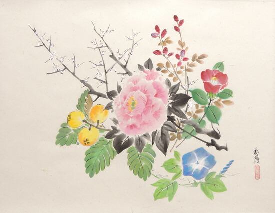 真作】日本画 浜田松陽「芭蕉四季俳画」紙本 掛軸 四幅対 草花 MA874