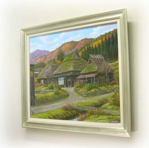 真作」猿渡一根『秋色の民家』 風景画 油彩画 額装 サイン有り F10