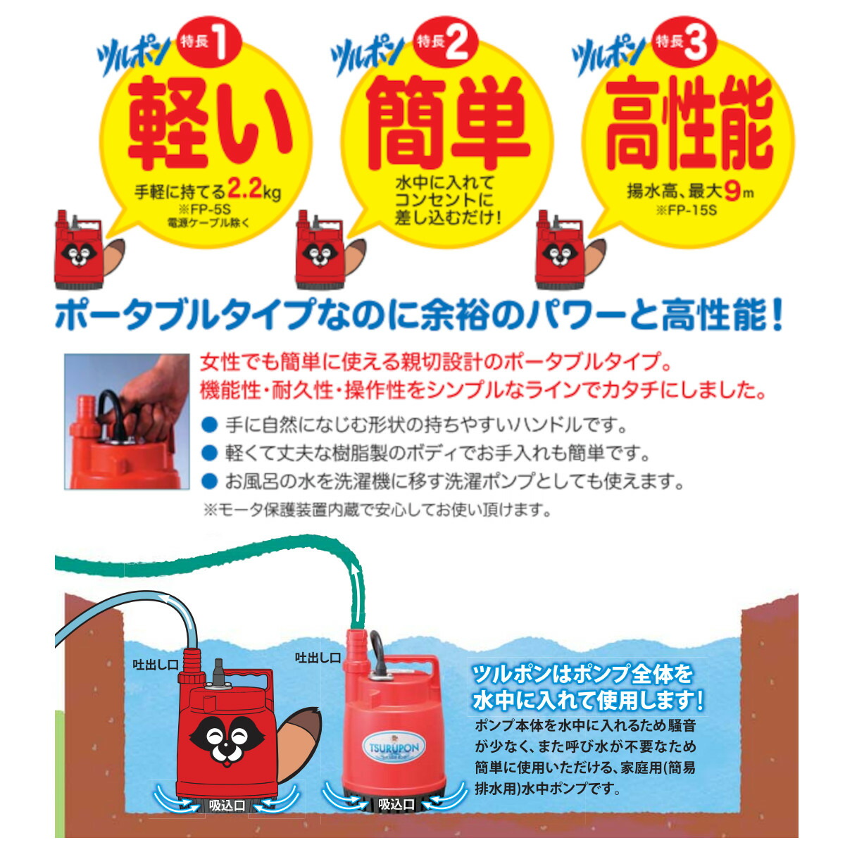 楽天市場】ツルミ 水中ポンプ FP-15S 50Hz 60Hz 単相100V 家庭用