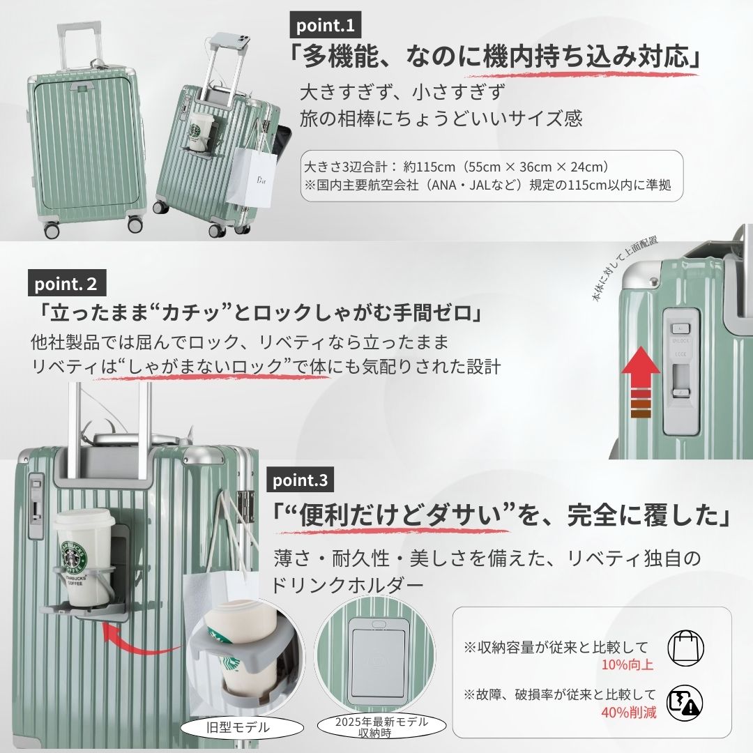 3000円オフ！リベティ多機能キャリーケース【エナメルシルバーSサイズ