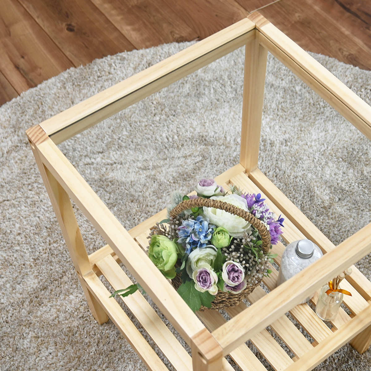 楽天市場】サイドテーブル ガラス天板 天然木フレーム 棚付 約36cm角