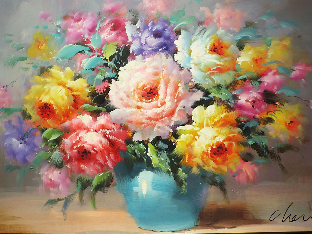 絵画 油絵 青木今陽 肉筆油絵 静物画 淡い色合の花々 絵画 油絵 青木今