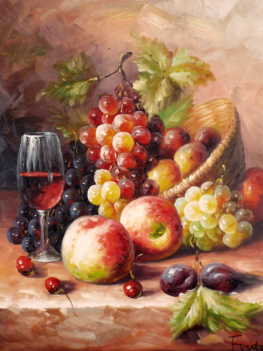 絵画 インテリア 油絵 uF6-062004 静物 果物と器 絵画 インテリア 油絵