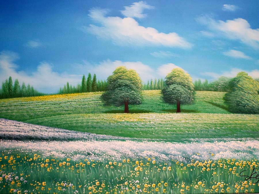 風景油絵！ 壁掛けインテリア絵画 「花畑」12号 新品額付