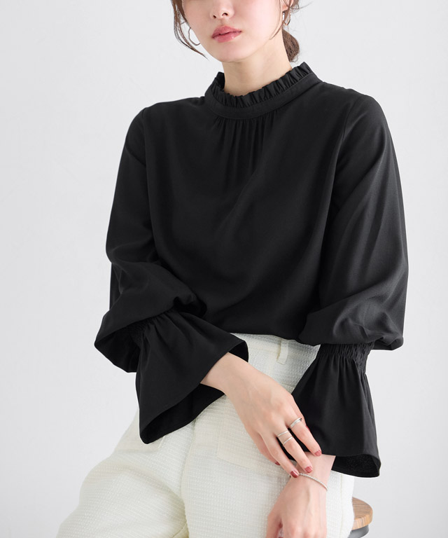 楽天市場】【全品10%OFFクーポン】フリル襟シャーリングブラウス