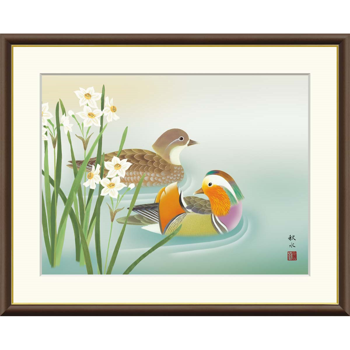 F10 肉筆水彩 日本画 『白富士』 高級木製額縁付属 外寸約713×638mm