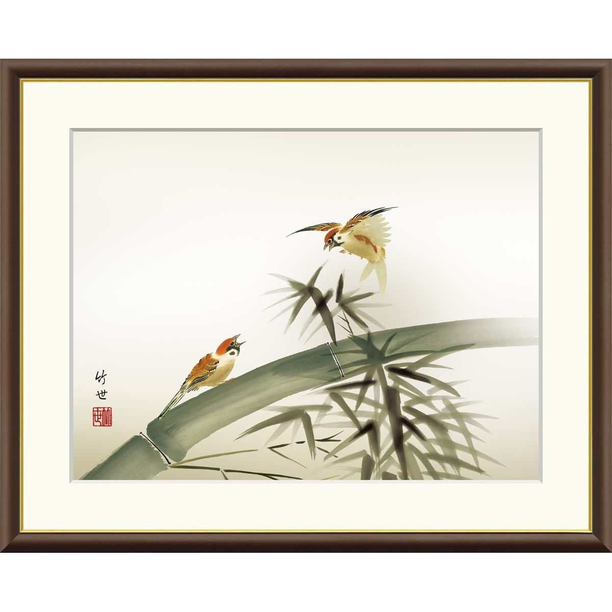 楽天市場】絵画 現代日本画 花鳥画 年中飾り 竹に雀 田村竹世 額入り