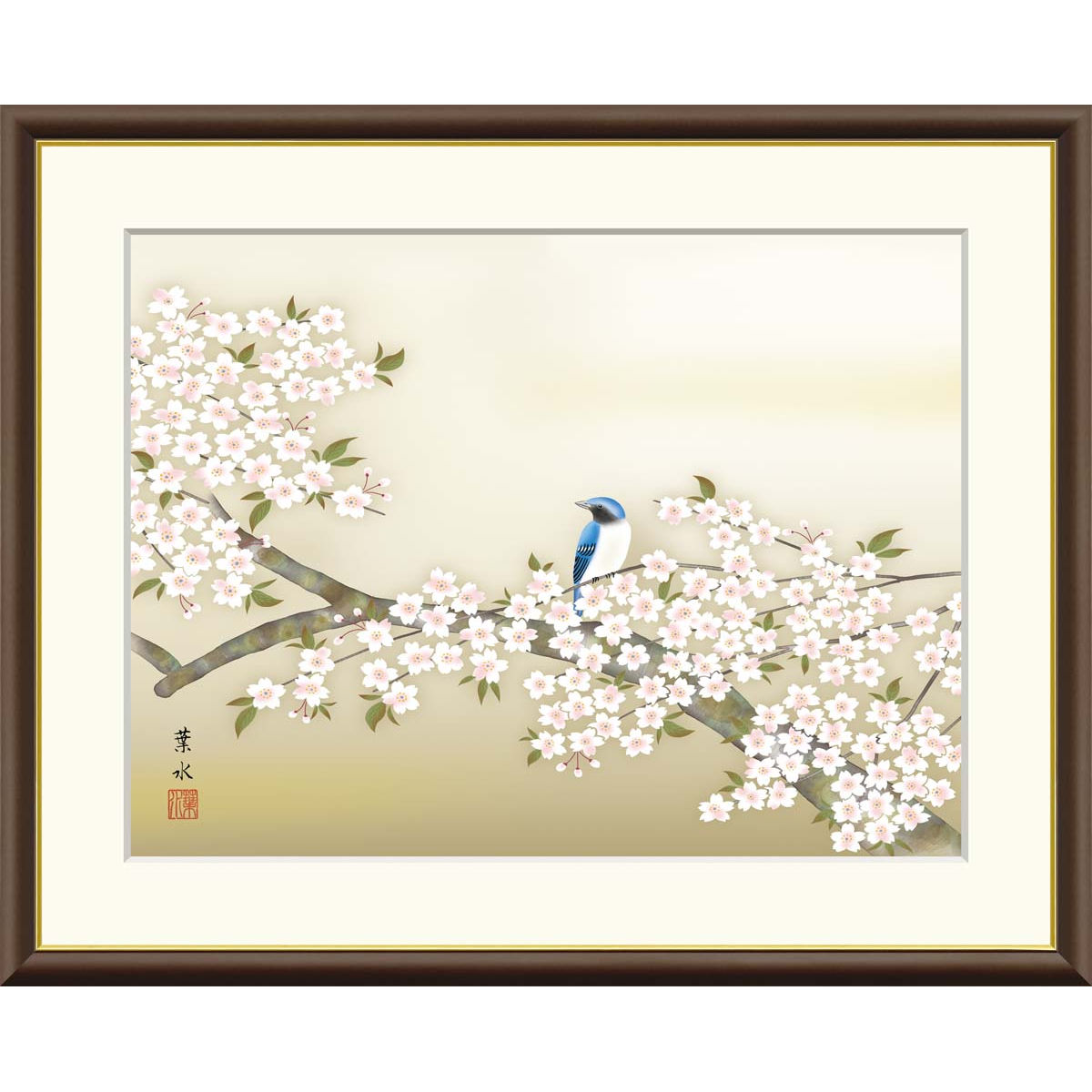 楽天市場】絵画 現代日本画 花鳥画 春飾り 桜花に小鳥 緒方葉水 額入り