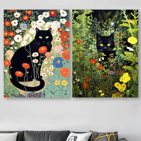 キャンバス油絵 専用 黒猫ガーデン 3 クリムト風フラワーガーデン