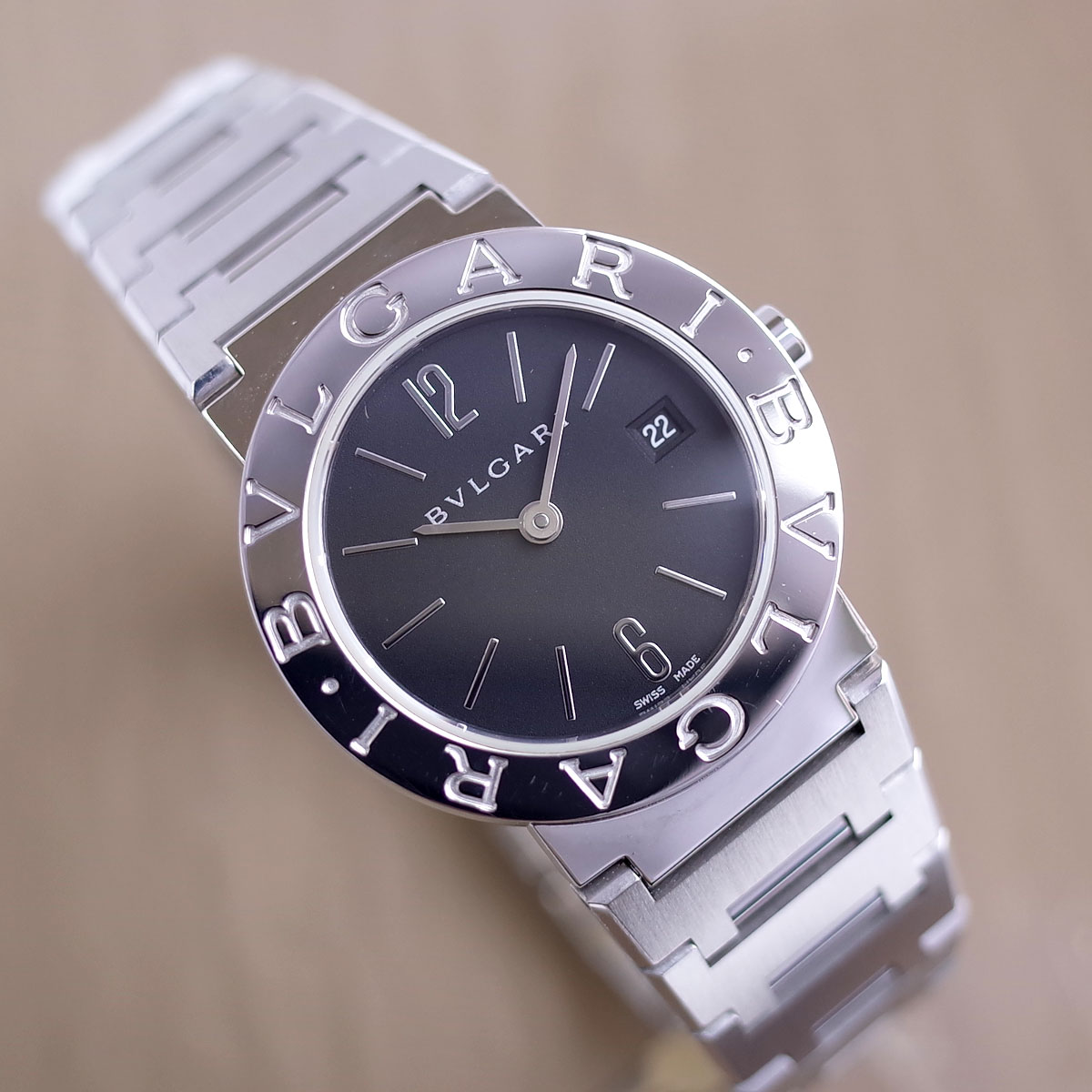 電池交換済み◎ ブルガリBB26SSD ブラックシルバークォーツ腕時計