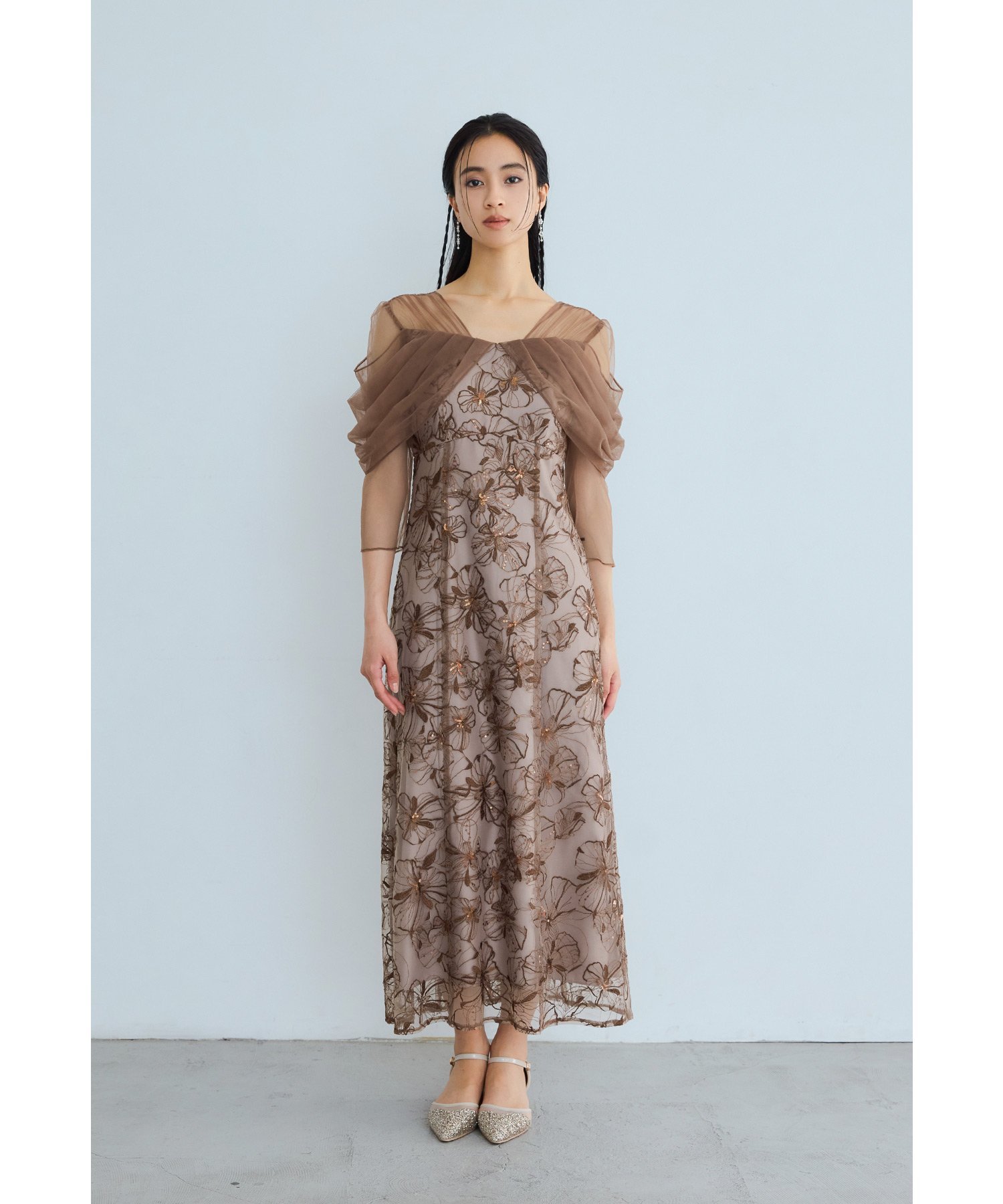 bflat｜オフショルダースパンコール刺繍レースドレス 結婚式 成人式