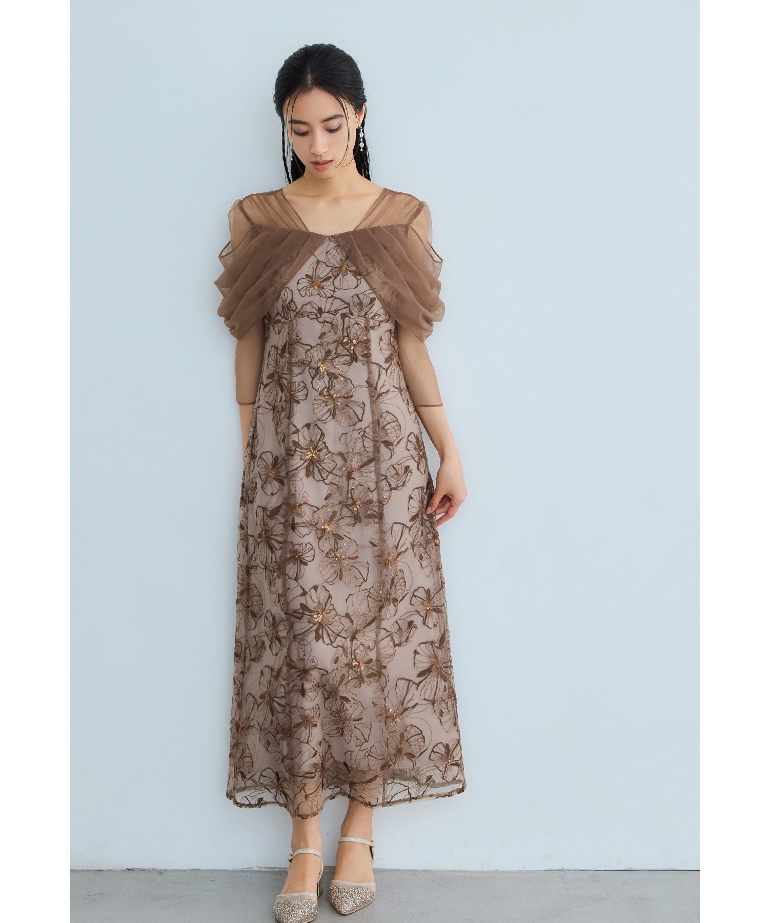 bflat｜オフショルダースパンコール刺繍レースドレス 結婚式 成人式