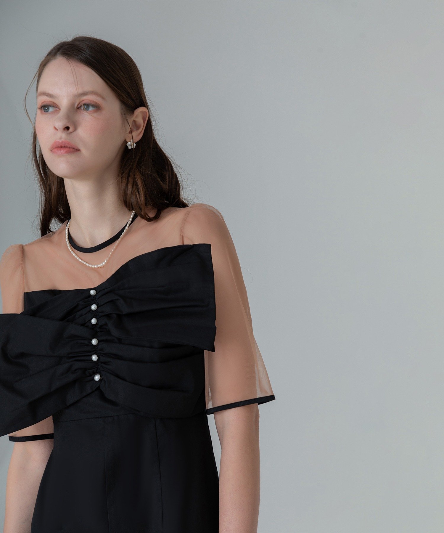 LejaシアープリーツスリーブIラインワンピースドレス 異素材 シアー