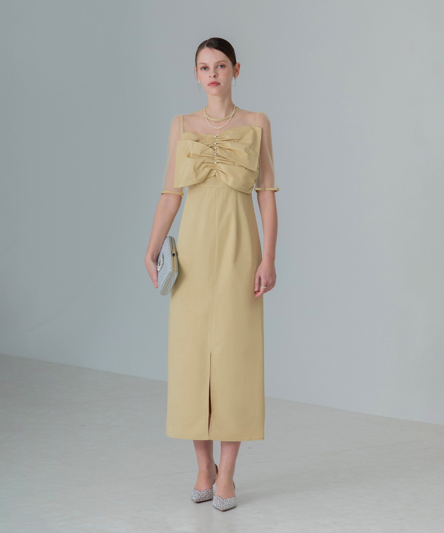 Leja｜LEJA-フロントプリーツシアースリーブIラインワンピースドレス