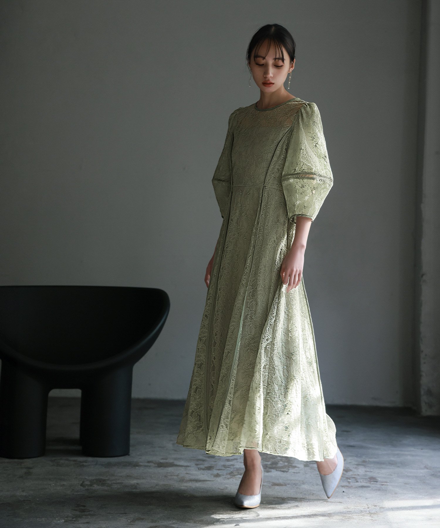 GIRL｜パフスリーブ総レースロング丈 結婚式 ワンピース パーティー